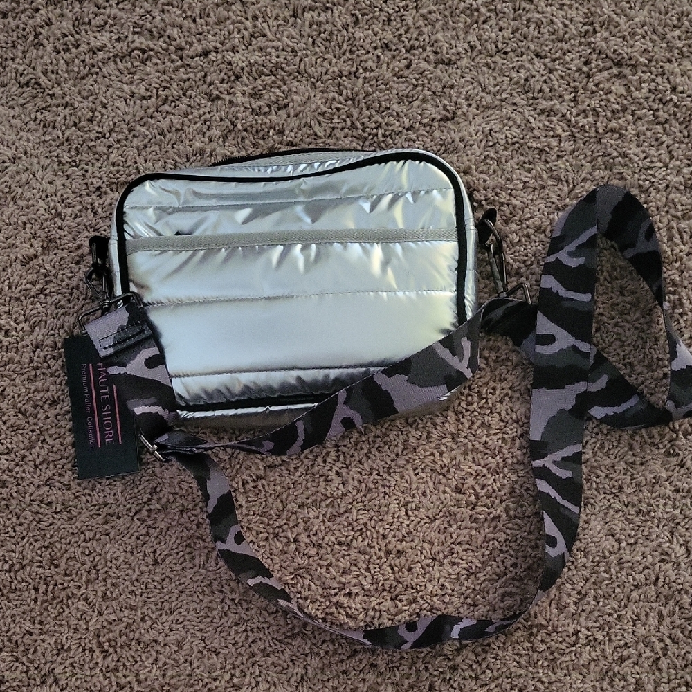 HAUTE SHORE Silver Crossbody Bag with Camouflage Strap